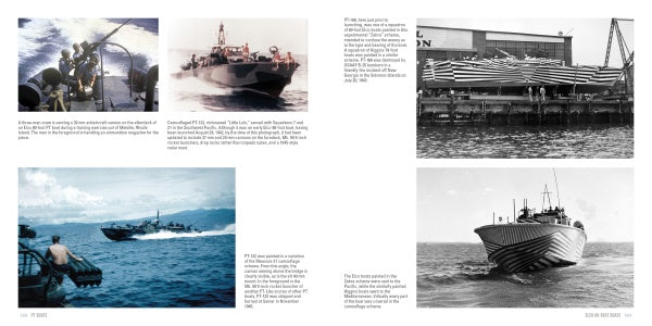 A two-page magazine spread from Schiffer Publishing, Ltd.'s "PT Boats" showcases five black-and-white and color photos of WWII US Navy PT boats at sea and docked, with text on their missions and camouflage patterns.