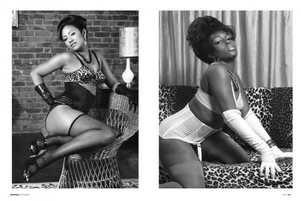 Two women pose on vintage furniture in classic lingerie with retro hairstyles and leopard prints, reflecting the timeless allure of Retro Glamour Photography of Mark Anthony Lacy by Schiffer Publishing, Ltd.