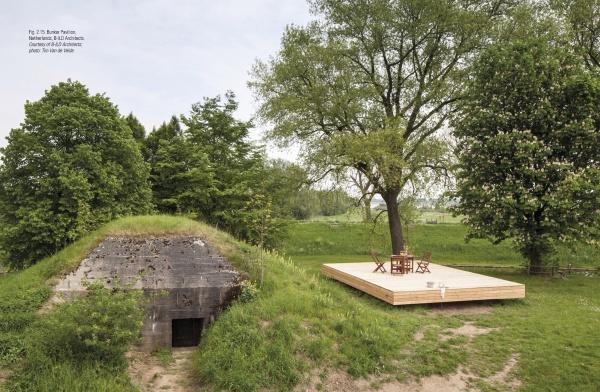 Notes from the Underworld" by Schiffer Publishing, Ltd. is set among lush greenery with a grassy bunker on the left and a wooden platform under a large tree on the right, capturing subterranean architecture and tranquil outdoor living.