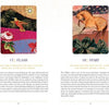 An open guidebook from The Creativity Oracle by Schiffer Publishing, Ltd. displays two pages with vibrant cards: 17 FLASH shows a hummingbird and flowers; 18 START depicts a horse. Text is printed beneath each illustration.