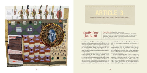 On the left page of "Visioning Human Rights in the New Millennium" by Schiffer Publishing, Ltd., a textile art piece with mixed fabrics and a central photo is shown; the right page presents ARTICLE 3 and handwritten notes.