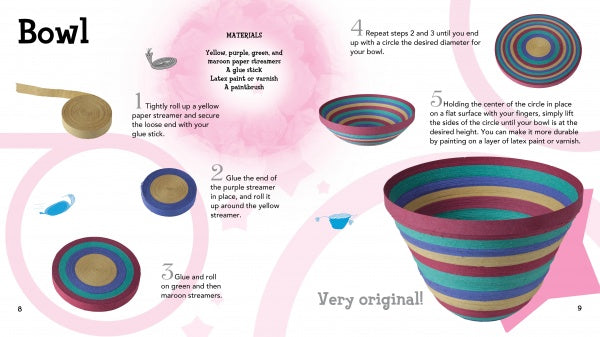 Step-by-step illustrated instructions for crafting a decorative bowl using Schiffer Publishing, Ltd. Paper. The image features paper rolls, a coiled base, and a finished multicolored bowl—ideal for DIY projects.