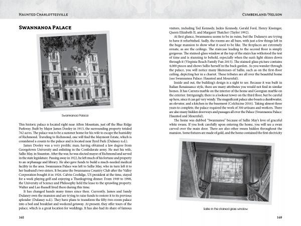 A spread from Schiffer Publishing, Ltd.'s "Haunted Charlottesville and Surrounding Counties" showcases text about Swannanoa Palace, plus two black-and-white photos: its grand exterior and a stained glass window inside.