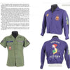 A page from Yankee Air Pirates by Schiffer Publishing, Ltd. shows two vintage military shirts—green and purple—worn by USAF Vietnam War collectors, featuring patches like a Vietnam map and “Bien Hoa Vietnam 1965-1966.”.