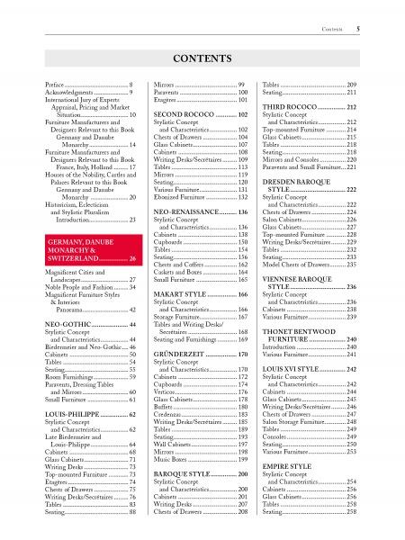 Table of contents from "Magnificent 19th Century Furniture" by Schiffer Publishing, Ltd. lists sections like Preface, Introduction, art history collectibles, and European antique furniture, with GERMANY, DANUBE MONARCHY & SWITZERLAND in red on page 26.