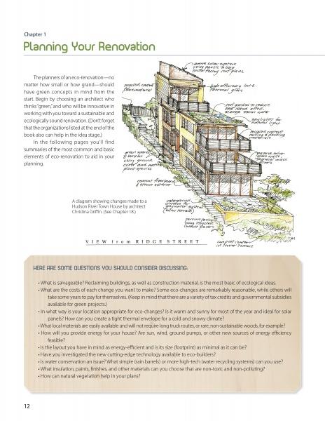 A page from Schiffer Publishing, Ltd.'s Eco-House Renovations shows a hand-drawn diagram of a multi-story building with notes, plus questions and considerations for eco-renovation. The title reads, "Planning Your Renovation.