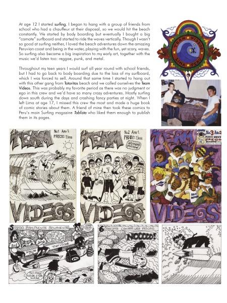 Positive Creations by Schiffer Publishing, Ltd. is a collage of a short autobiographical story, beach photos with friends, and street-art-inspired zine covers featuring comic-style surfing and vibrant beach life illustrations.