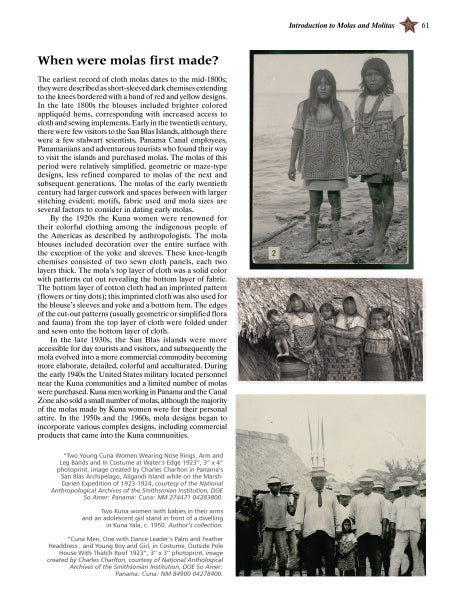 A magazine page from Schiffer Publishing, Ltd.'s "The Mola" presents text on mola textile art history and three black-and-white photos of Kuna people displaying traditional clothing and molas in outdoor group and individual scenes.