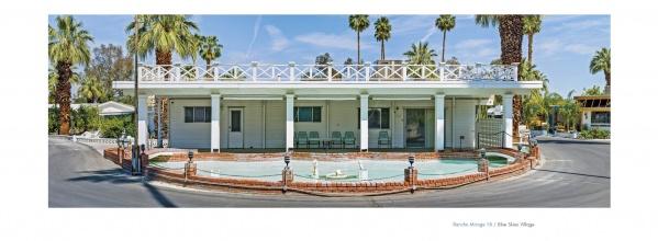 Small Dreams by Schiffer Publishing, Ltd. features a white, single-story motel with columns, a balcony, and palm trees, plus a circular fountain with statues shining under a clear sky, reflecting Palm Springs style.