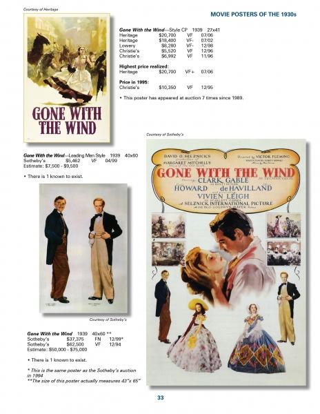 A catalog page from Schiffer Publishing, Ltd.'s "The World's Rarest Movie Posters" showcases three 1930s Gone With the Wind posters, each with descriptions, auction estimates, and pricing—ideal for avid movie poster collectors.