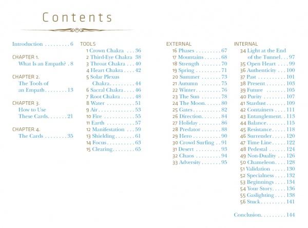 The Empathic Oracle by Schiffer Publishing, Ltd. includes a table of contents with chapters like "What is an Empath?" and "The Cards," plus sections on Tools, External, and Internal categories, all with organized page numbers.