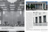 A two-page spread from "WPA Buildings" by Schiffer Publishing, Ltd.: the left page shows a grand wooden-paneled courtroom; the right displays exterior photos of a WPA Moderne courthouse with columns and text on courthouse design.