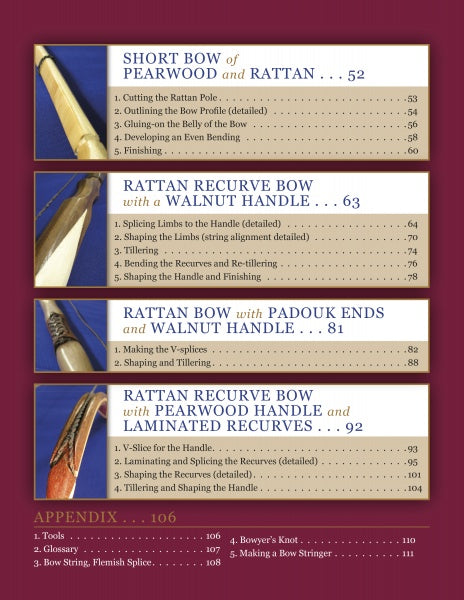 The table of contents in "Making a Rattan Bow" by Schiffer Publishing, Ltd. covers chapters on rattan, pearwood, padouk, and walnut bows—outlining steps like cutting, shaping, tillering, and finishing. A bow and arrow are pictured to the left.