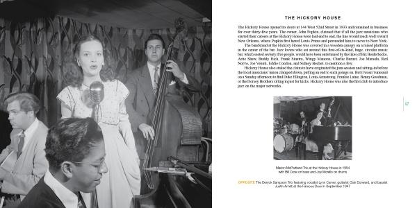 A black-and-white photo shows a jazz band: a woman sings into a vintage mic, with pianist, bassist, and clarinetist behind her. Text about Swing Street by Schiffer Publishing, Ltd. and 52nd Street jazz in NYC appears on the right.