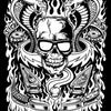 Bold black-and-white ink drawing of a skull in sunglasses, flames, cobras, billiard balls, and SICK/HEAD banners—evoking Dirty Donny Gillies’ pop culture coloring style from "Mind Melter" by Schiffer Publishing, Ltd.