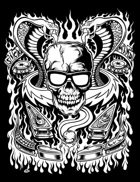 Bold black-and-white ink drawing of a skull in sunglasses, flames, cobras, billiard balls, and SICK/HEAD banners—evoking Dirty Donny Gillies’ pop culture coloring style from "Mind Melter" by Schiffer Publishing, Ltd.