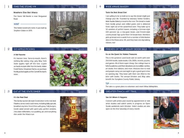 A guidebook page from "365 Things to Do in Ithaca, New York" by Schiffer Publishing, Ltd. features six boxes, each with photos and info on top local attractions—perfect highlights for any Finger Lakes or Ithaca travel guide.