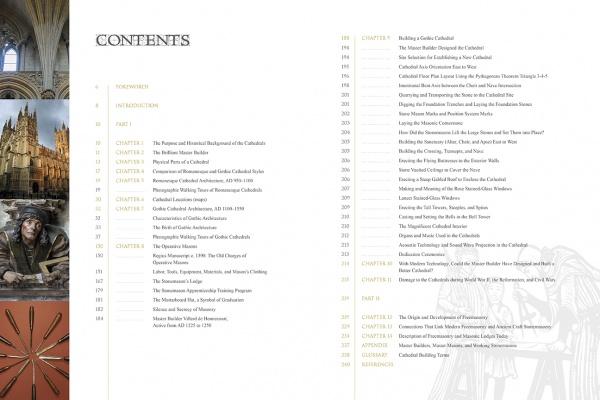 In "Cathedrals Built by the Masons" by Schiffer Publishing, Ltd., the table of contents spans two pages, featuring chapters on European cathedrals and small color photos of arches, an exterior, and a mason at work.
