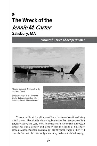 A vintage photo of the Jennie M. Carter shipwreck at Salisbury Beach, MA, from "Spooky Creepy New England 2" by Schiffer Publishing, Ltd., shows the haunting wreck amid sand and water—echoing the region’s ghostly legends and mournful cries.