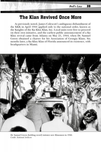 A black-and-white photo from "Ku Klux Terror" by Schiffer Publishing, Ltd. depicts men in KKK robes and hoods at a 1946 initiation; one holds an American flag as Dr. Samuel Green stands in front with a sword, reflecting KKK history.