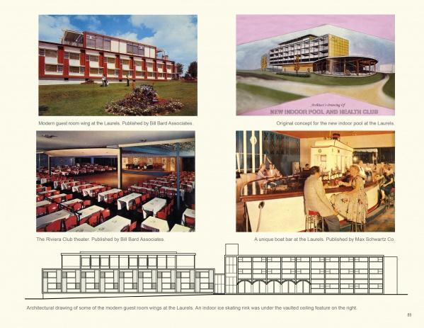 A collage from "Catskill Resorts: Lost Architecture of Paradise" by Schiffer Publishing, Ltd. features a hotel, pool and club drawing, dining room, themed bar, and guest wing plans, showcasing classic Borscht Belt architecture at the Laurels in the Catskills.