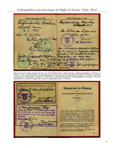 Two aged, yellowed documents with handwritten German text, stamps, and signatures. Both pages may relate to SS-Brigadeführer und Generalmajor der Waffen-SS Theodor Teddy Wisch, as detailed by Schiffer Publishing, Ltd.