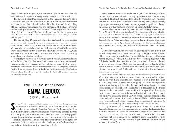 California's Deadly Women by Schiffer Publishing, Ltd. explores California crime history, featuring a section called The Trunk Murderess: Emma Ledoux (1906, Stockton) with bold headings above detailed text and small black-and-white images.