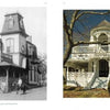 Side-by-side photos from *Oak Bluffs on the Vineyard* by Schiffer Publishing, Ltd.: left, a vintage black-and-white view of a Victorian house with people outside; right, the colorful, restored home under a blue sky.