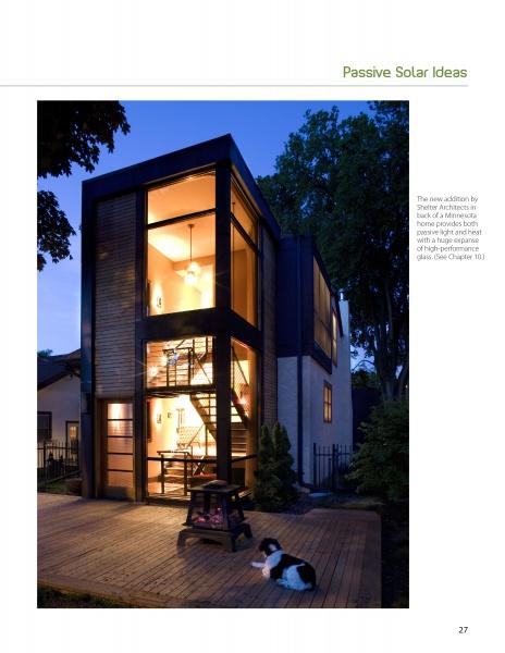 A modern two-story home with floor-to-ceiling windows and eco-renovation details, inspired by "Eco-House Renovations" from Schiffer Publishing, Ltd.; warmly lit at dusk with a dog on the wooden patio and trees in the background.