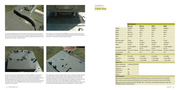 A two-page spread from "Stuart Tank, Vol. 1" by Schiffer Publishing, Ltd. displays close-up WWII Stuart tank parts on the left and a technical specs table for M3 and Stuart light tanks on the right, under the yellow heading "Field Use.