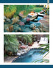 Top: A compact stone hot tub with fire feature amidst rocks and greenery. Bottom: A slim backyard pool with rock waterfall and tropical landscaping—both featured in Scott Cohen's Poolscapes by Schiffer Publishing, Ltd.