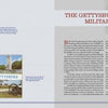 Two pages from "Greetings from Gettysburg" by Schiffer Publishing, Ltd. show vintage postcards of the Battle of Gettysburg and Historic Gettysburg, plus a chapter heading, intro text, and a small illustration of cannons and soldiers.