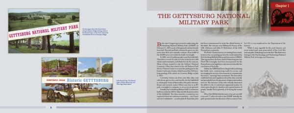 Two pages from "Greetings from Gettysburg" by Schiffer Publishing, Ltd. show vintage postcards of the Battle of Gettysburg and Historic Gettysburg, plus a chapter heading, intro text, and a small illustration of cannons and soldiers.
