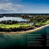 Art from above Cape Cod by Schiffer Publishing, Ltd. features stunning drone photography of a lush golf course on a narrow peninsula surrounded by water, with green fairways, trees, and buildings under a clear blue sky.