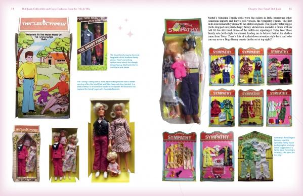 A magazine spread showcases Doll Junk by Schiffer Publishing, Ltd., featuring vintage fashion dolls, The Lawnmistress and Sympathy collections, outfits, Barbie clone clothes, and original packaging arranged on a white background with descriptions.
