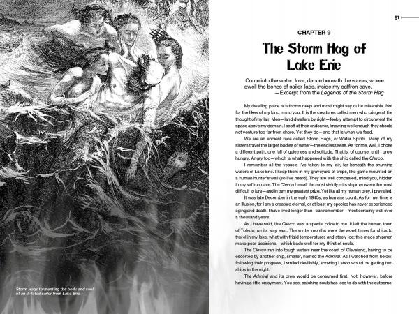 Black-and-white illustration of a wild storm over water; ghostly female figures rise from the waves. On the right, a book page titled “The Storm Hag of Lake Erie” from Campfire Tales Great Lakes by Schiffer Publishing, Ltd. evokes Great Lakes legends.