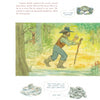 A watercolor from Captain John Smith's Big and Beautiful Bay (Schiffer Publishing, Ltd.) shows him walking in a forest with a stick, a squirrel in a tree, and Chesapeake Bay creatures like blue crabs, clams, and oysters labeled with speech bubbles.