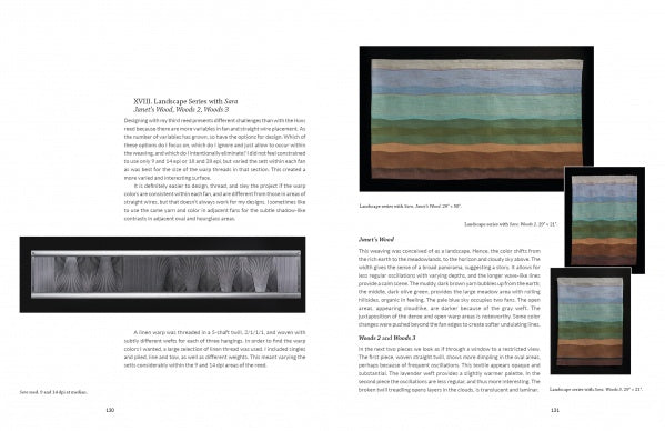 A two-page spread from Schiffer Publishing, Ltd. showcases Ondulé Textiles: four rectangular striped artworks in earth tones, varying in size and orientation, with captions and weaving instructions beside them.