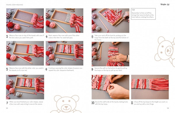 A step-by-step photo tutorial in Weave It! by Schiffer Publishing, Ltd. guides kids through weaving red, pink, and white yarn on a rectangular loom, with illustrated bear faces on the page edges for added fun.
