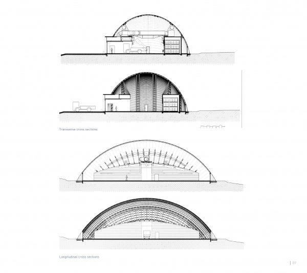 Architectural drawings of three dome-shaped building cross-sections detail internal structure and rooms, inspired by contemporary igloo design, from the book "Igloo" by Schiffer Publishing, Ltd.