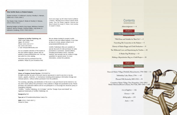 The front matter of Weaving Shaker Rugs by Schiffer Publishing, Ltd. features publication details on the left and a two-part contents page on the right, with a gold pattern inspired by Shaker textiles and reproduction rugs at the bottom right.