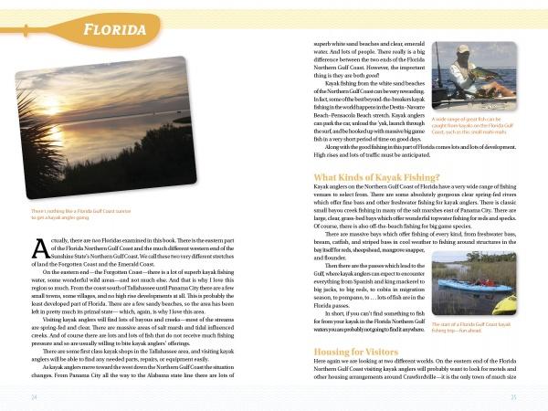 A two-page spread from "Kayak Fishing the Northern Gulf Coast" by Schiffer Publishing, Ltd. features text, a sunset over water with palm leaves, a kayaker, and a small blue kayak on a Northern Gulf Coast waterway bank.