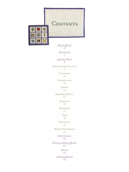 A contents page for the Mary's Garden Quilt by Schiffer Publishing, Ltd. features a purple-bordered label, a floral quilt image, and an elegant list of section titles—ideal for any Mary’s Garden quilting enthusiast.