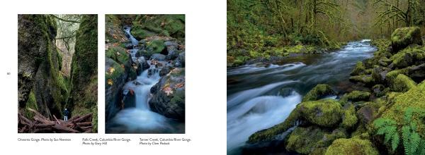 Three photos from "Greater Portland, Oregon" by Schiffer Publishing, Ltd.: a hiker in mossy Columbia River Gorge cliffs, a close-up of a rushing waterfall, and a forested river winding among moss-covered rocks and trees.