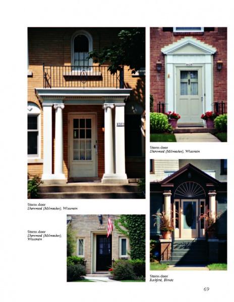 A collage titled "Entryways and Doorways" by Schiffer Publishing, Ltd. displays five unique front door styles from Sherwood and Kaukauna, Wisconsin, each with distinct columns, steps, and decorative details.
