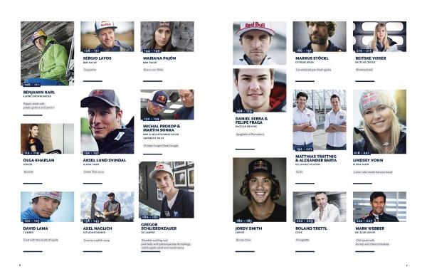 A two-page spread in The Athlete's Cookbook by Schiffer Publishing, Ltd. displays headshots of male and female athletes in a grid, each labeled with their name and profile details; some wear hats or helmets.