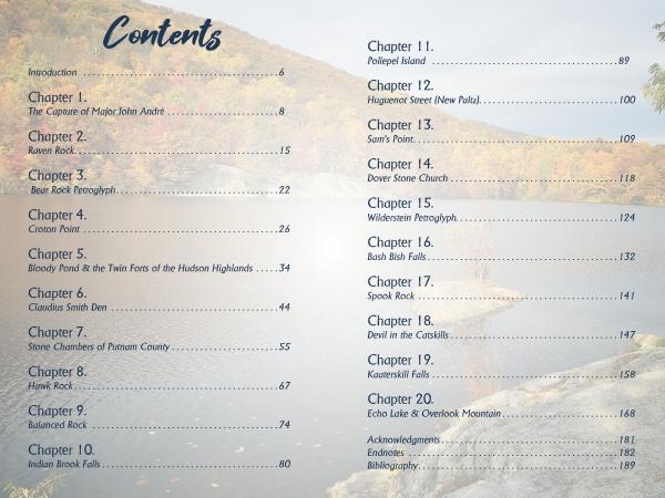 The contents page of "Hudson Valley History and Mystery" by Schiffer Publishing, Ltd. features chapter titles and page numbers over a scenic river and autumn trees, covering historic sites, natural landmarks, and local legends.