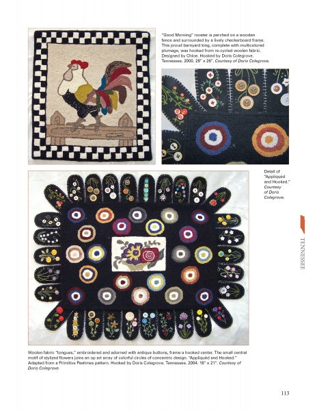 A page from *Hooked Rugs of The Deep South* by Schiffer Publishing, Ltd. features three Southern folk art textiles: a rooster mat on a checkerboard, two round floral hooked rugs, and a large embroidered woolen flower mat, each with captions.