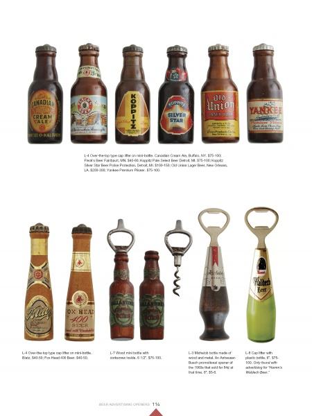 Schiffer Publishing, Ltd.'s "Advertising Openers" showcases vintage beer bottles and classic beer advertising openers, arranged in two rows against a white background, with bottles on top and openers and more bottles below.