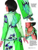A woman wears a green and purple Signature Prints pantsuit by Schiffer Publishing, Ltd., with matching shoes and jewelry. Insets showcase the bold prints, pointed-toe shoes, statement necklace, and earrings for a 1970s-inspired look.